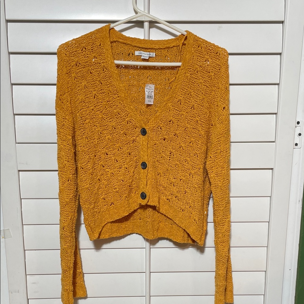 American Eagle Outfitters Mustard Textured V-Neck Button Cardigan